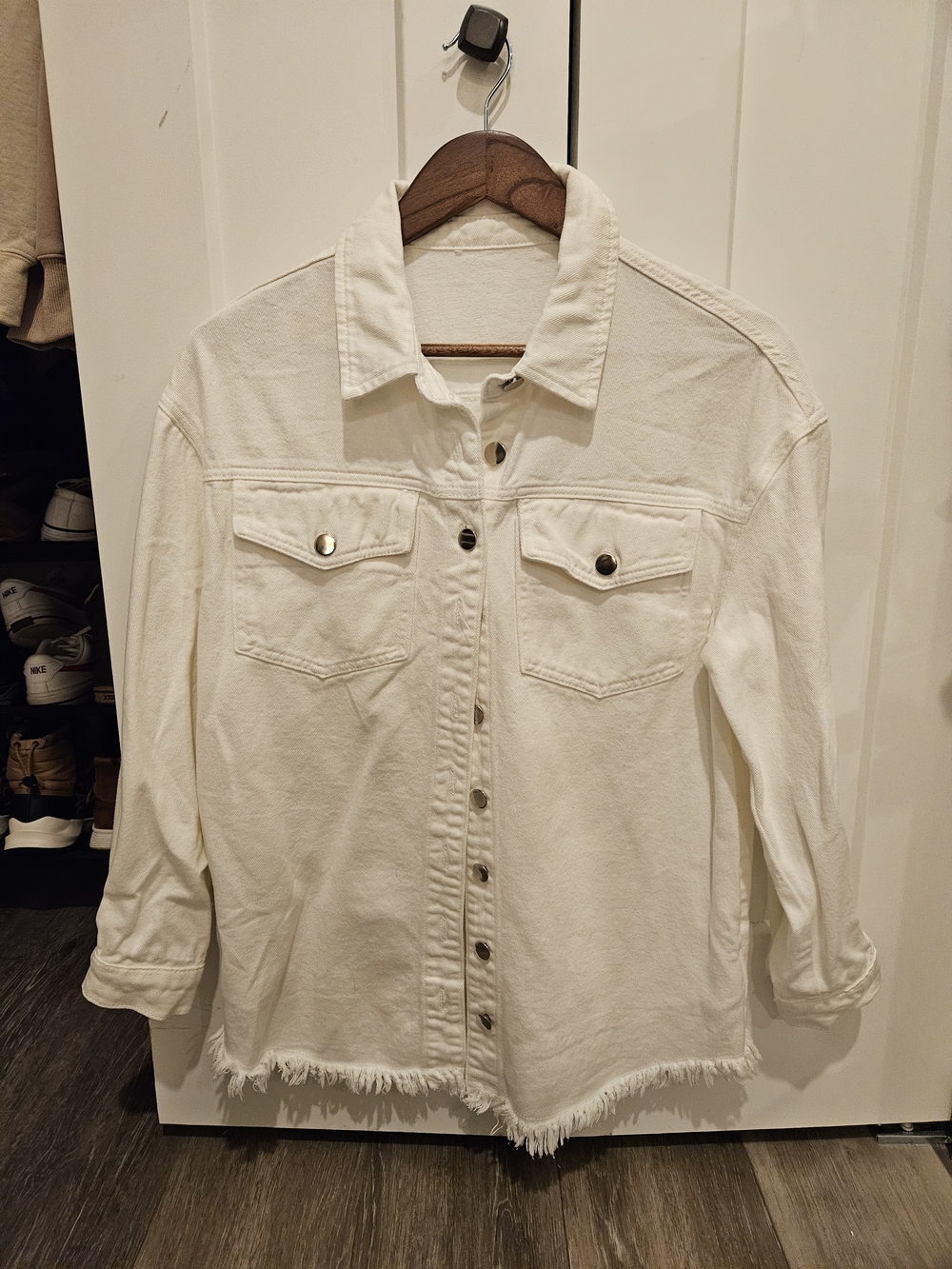 Amazon Cream White Denim Jacket with Frayed Hem